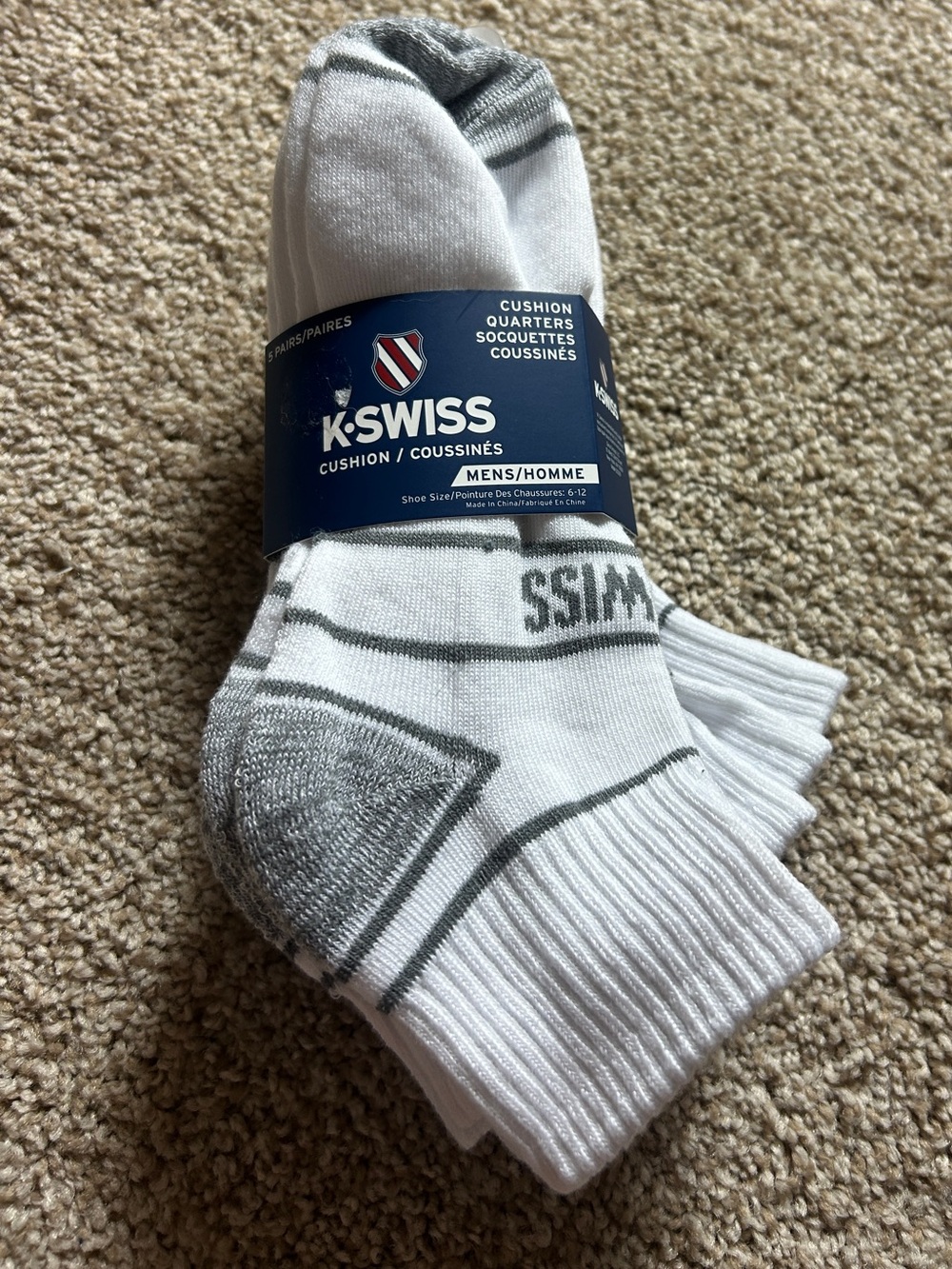 K-Swiss Men's Cushion Low Cut Athletic Socks 5 Pair White Gray Shoe Size 6-12
